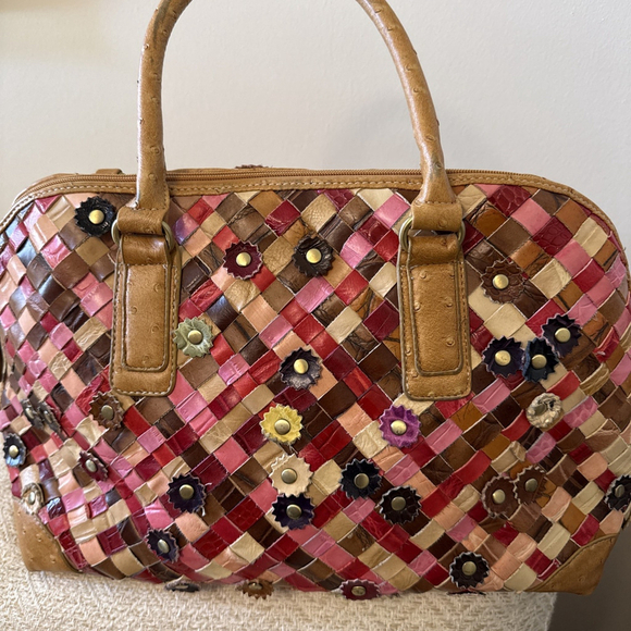 Handmade Handbags - Handmade Woven Multi Color Leather Bohemian Bag with Flower Appliqué Accent